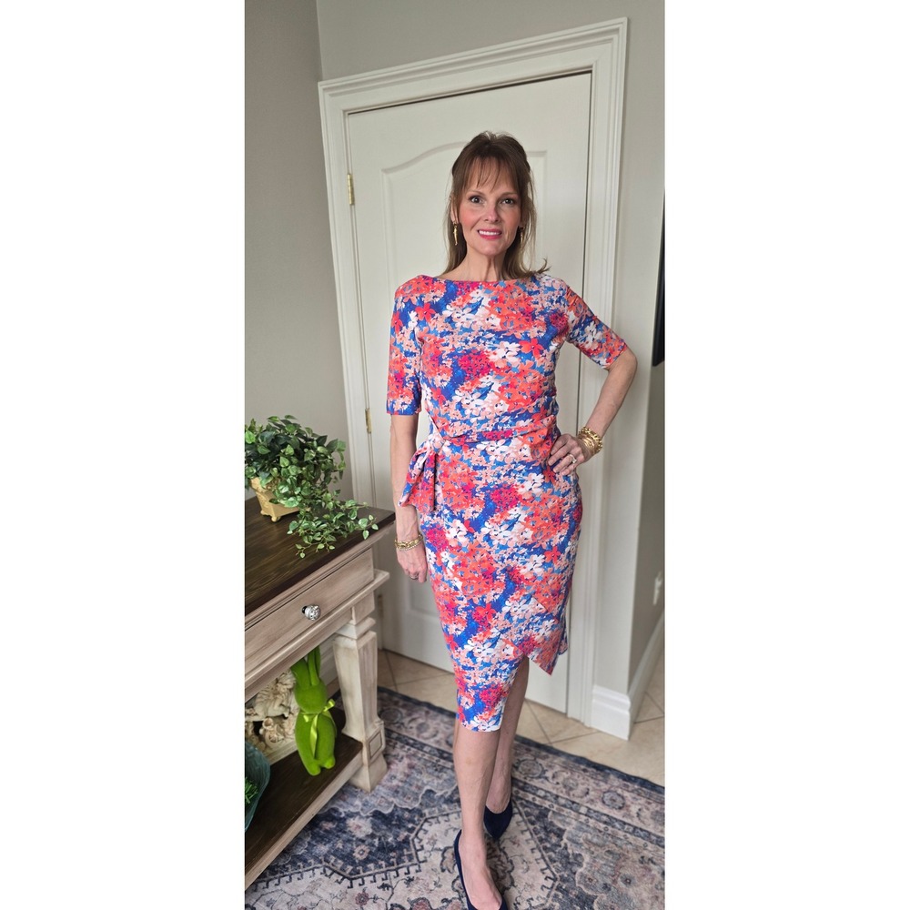 Chiara Boni La Petite Robe Floral Sheath Dress Blue Coral Wrap Tie Italy